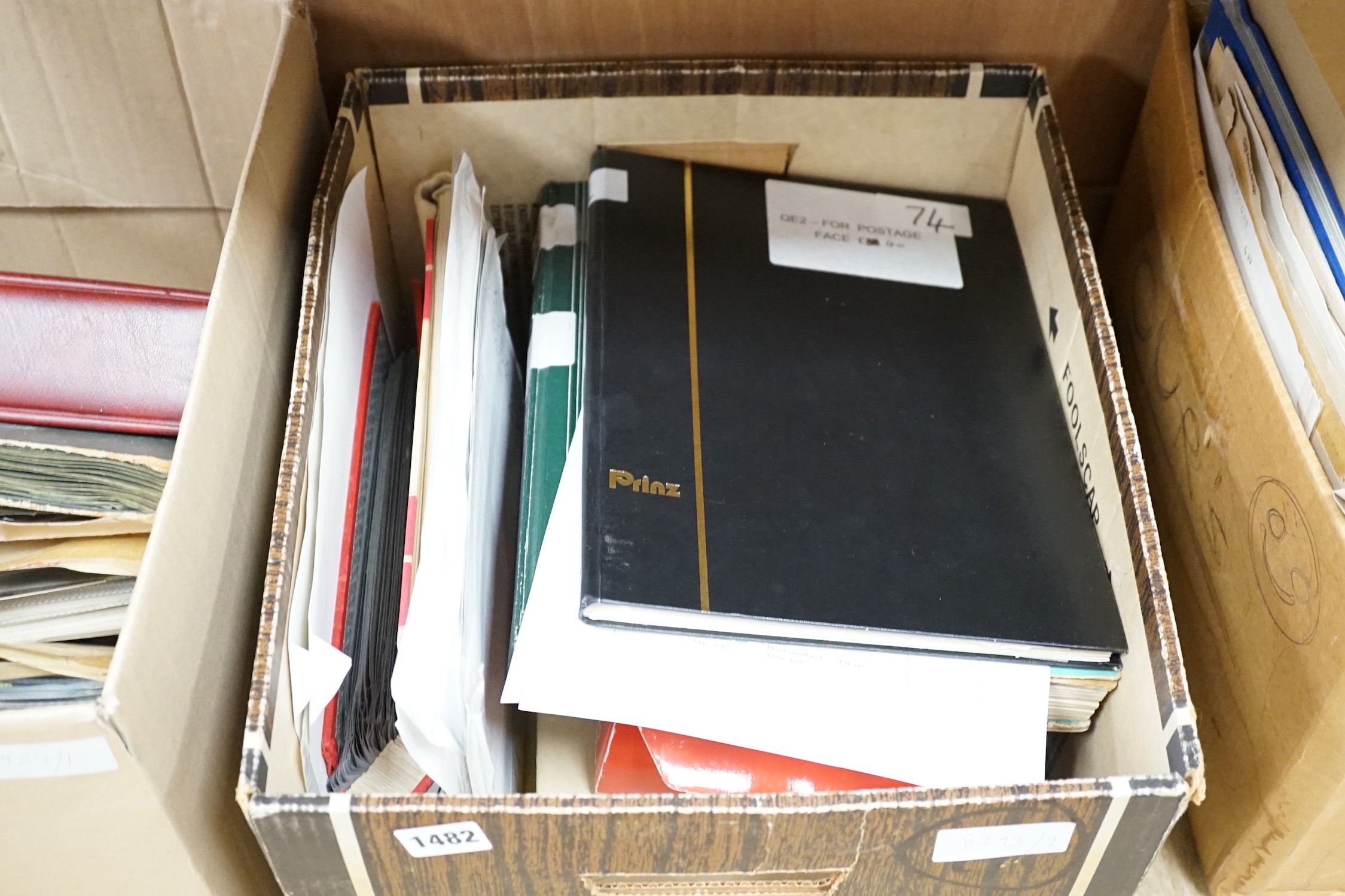 A box of Great Britain decimal mint presentation packs, FD covers, plus Channel Islands, Isle of Man in three albums, old approval books and loose